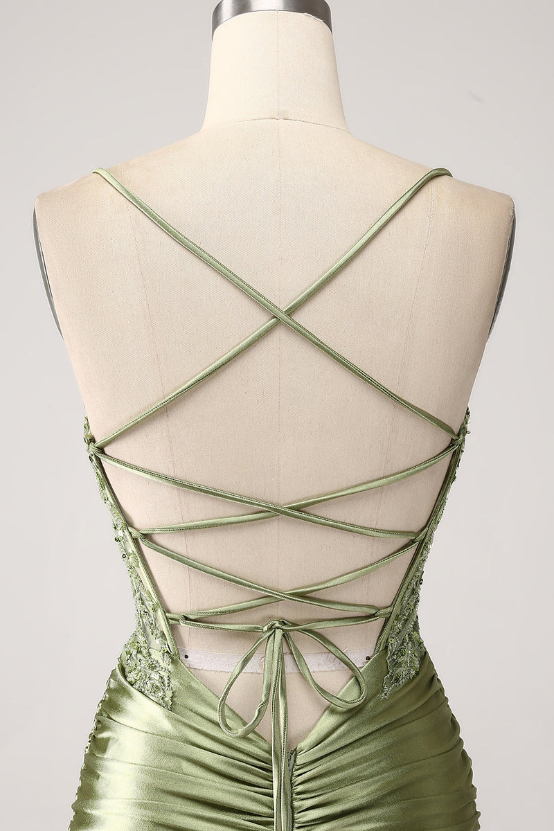 Charger l&#39;image dans la galerie, Sirène Sauge Spaghetti Bretelles Lacet-Up Back Robe de soirée avec fente