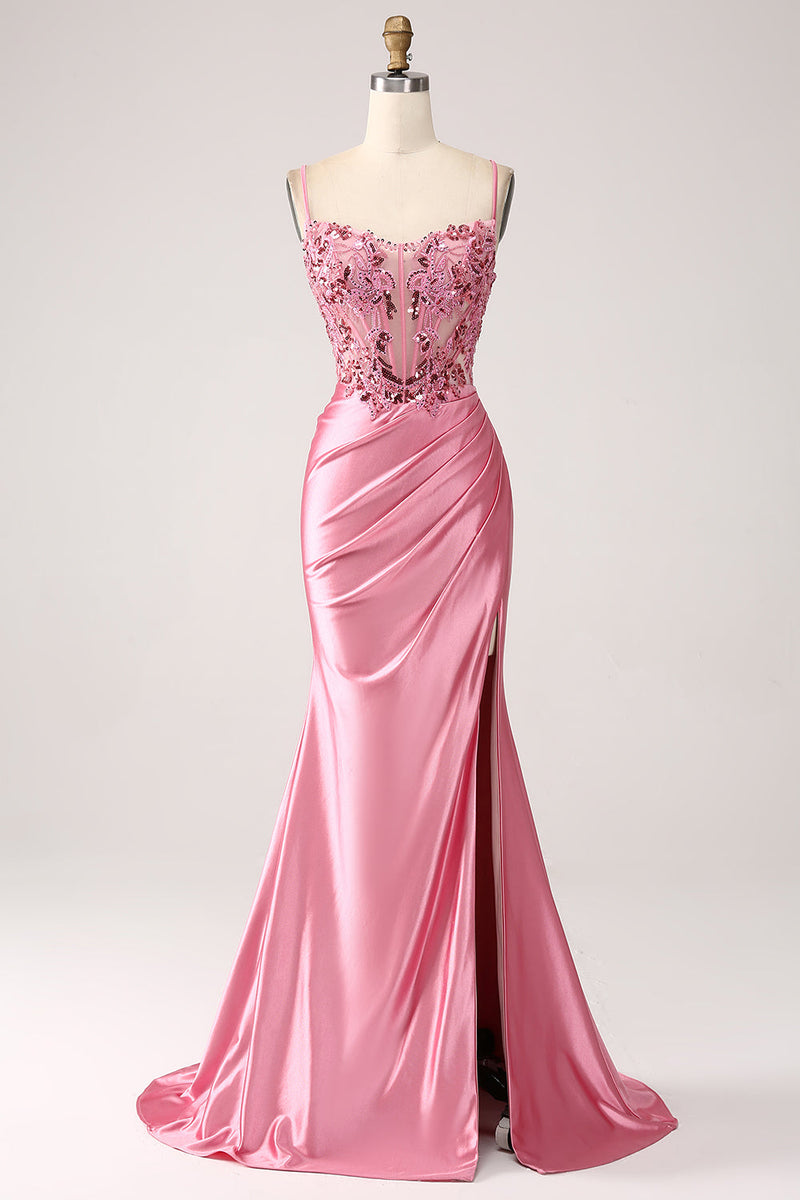 Charger l&#39;image dans la galerie, Robe de bal de corset à paillettes à bretelles spaghetti sirène rose avec fente