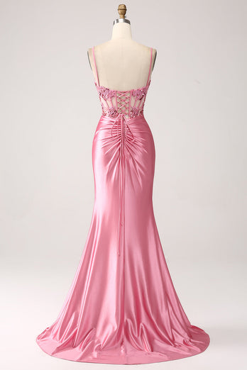 Robe de bal de corset à paillettes à bretelles spaghetti sirène rose avec fente