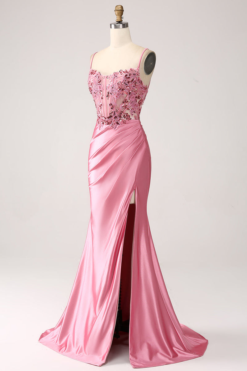 Charger l&#39;image dans la galerie, Robe de bal de corset à paillettes à bretelles spaghetti sirène rose avec fente