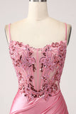 Robe de bal de corset à paillettes à bretelles spaghetti sirène rose avec fente