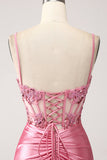 Robe de bal de corset à paillettes à bretelles spaghetti sirène rose avec fente