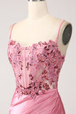 Robe de bal de corset à paillettes à bretelles spaghetti sirène rose avec fente