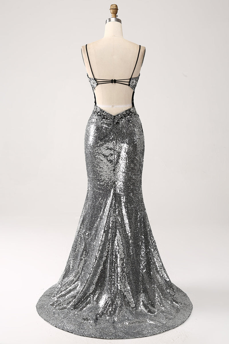 Charger l&#39;image dans la galerie, Robe de bal Corset à bretelles spaghetti sirène scintillante noire avec fente