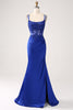 Charger l&#39;image dans la galerie, Corset sirène bleu royal perlé longue robe de bal avec fente