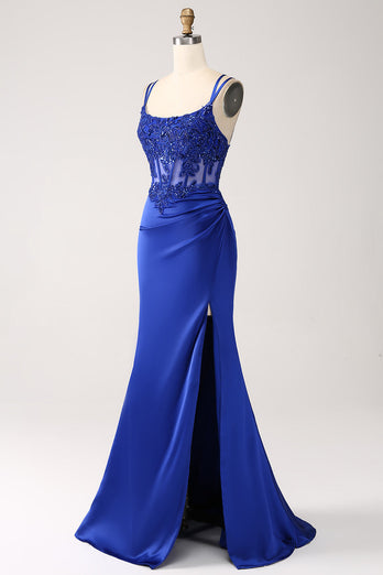 Corset sirène bleu royal perlé longue robe de bal avec fente