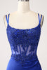 Charger l&#39;image dans la galerie, Corset sirène bleu royal perlé longue robe de bal avec fente