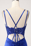 Corset sirène bleu royal perlé longue robe de bal avec fente