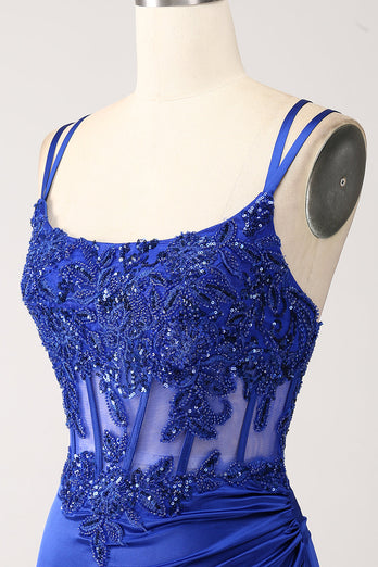 Corset sirène bleu royal perlé longue robe de bal avec fente