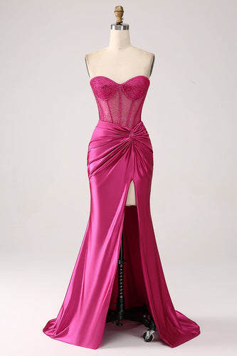 Fuchsia sirène chérie plissé long corset robe de soirée en satin avec fente