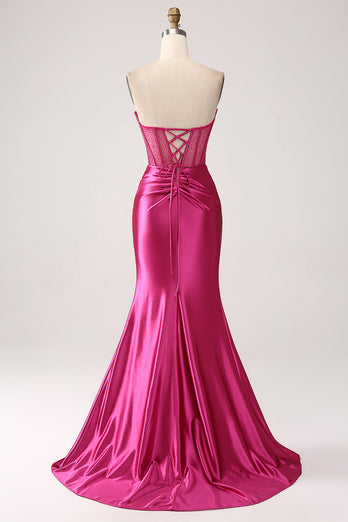 Fuchsia sirène chérie plissé long corset robe de soirée en satin avec fente