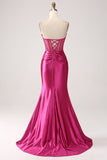 Fuchsia sirène chérie plissé long corset robe de soirée en satin avec fente