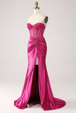 Fuchsia sirène chérie plissé long corset robe de soirée en satin avec fente