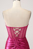 Charger l&#39;image dans la galerie, Fuchsia sirène chérie plissé long corset robe de soirée en satin avec fente