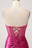 Fuchsia sirène chérie plissé long corset robe de soirée en satin avec fente