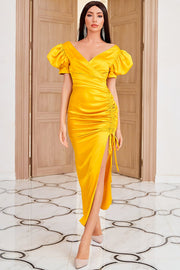 Gaine V Neck Robe de fête jaune avec Shirring