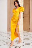 Gaine V Neck Robe de fête jaune avec Shirring