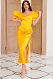 Gaine V Neck Robe de fête jaune avec Shirring