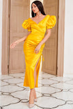 Gaine V Neck Robe de fête jaune avec Shirring