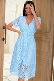 V Neck Mid Length Light Blue Lace Party Dress avec bouton