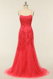 Bretelles Spaghetti Sirène Rose clair Robe longue soirée avec appliques