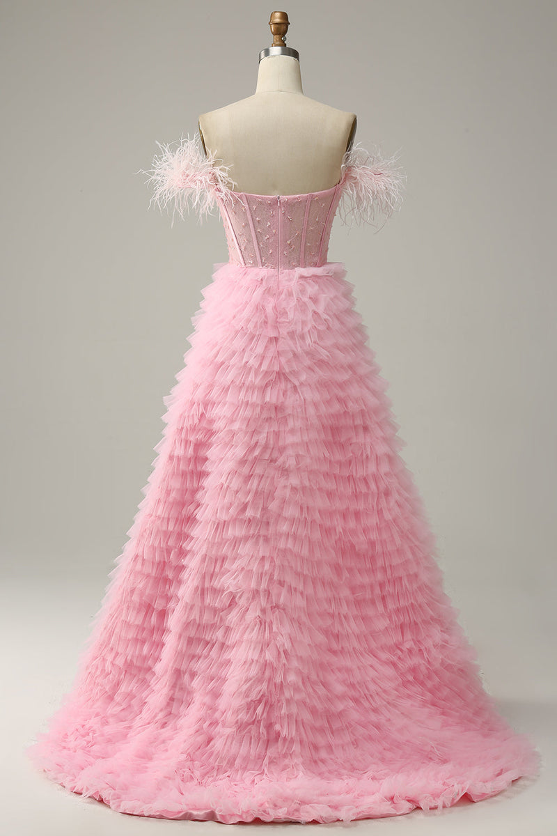 Charger l&#39;image dans la galerie, Une ligne de l’épaule Corset Rose Robe de Soirée avec des plumes à volants