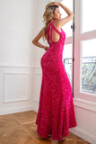 Fuchsia Sequin Robe de bal longue avec fente