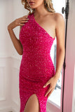 Fuchsia Sequin Robe de bal longue avec fente