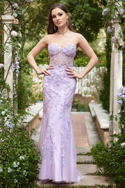 Robe de soirée longue violette à col en cœur et sirène avec Appliques