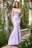 Robe de soirée longue violette à col en cœur et sirène avec Appliques