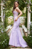 Robe de soirée longue violette à col en cœur et sirène avec Appliques