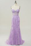 Robe de bal de sirène à col amoureux violet avec appliques