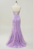 Robe de soirée longue violette à col en cœur et sirène avec Appliques