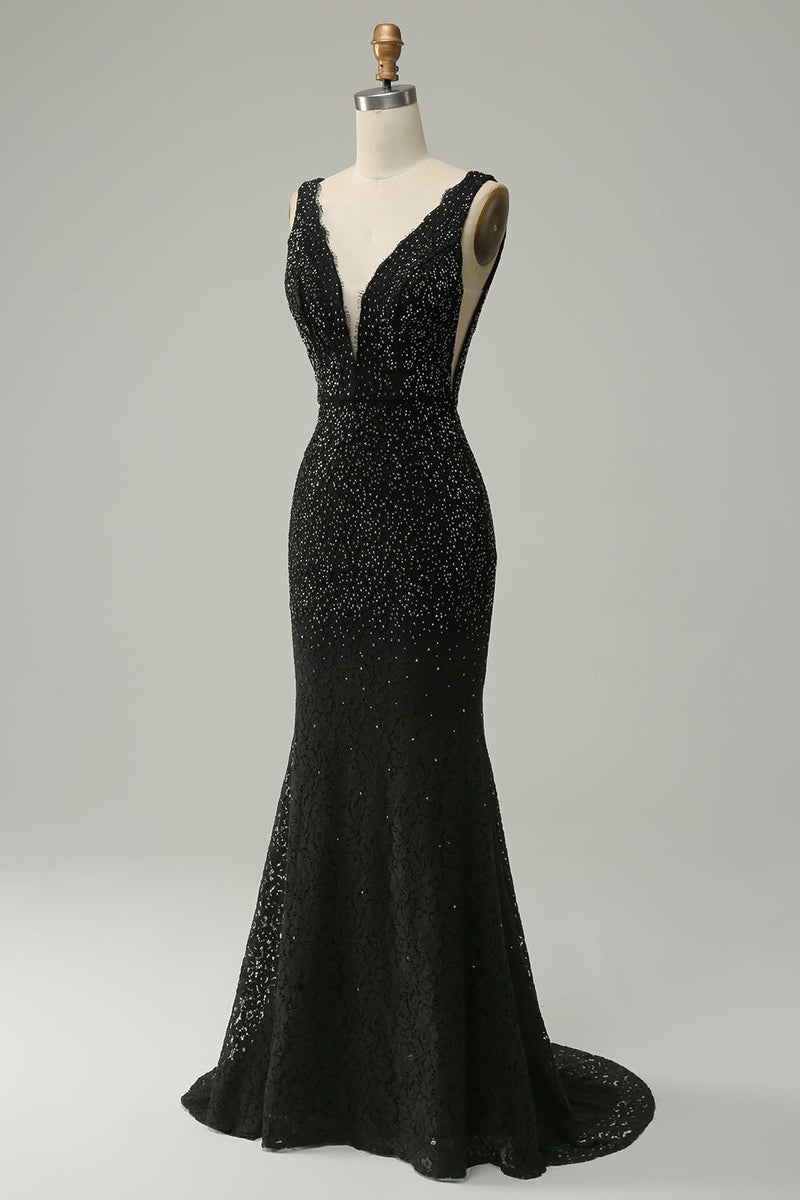Charger l&#39;image dans la galerie, Mermaid Deep V Neck Black Lace Long Prom Robe avec Perles
