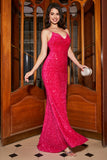 Robe de Soirée longue à paillettes à paillettes à bretelles spaghetti fuchsia scintillante à sequins à col en V avec fente