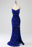 Brillant bleu royal sirène bretelles spaghetti sequin longue robe de Soirée avec fente