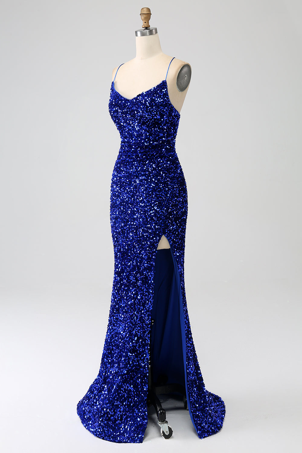 Brillant bleu royal sirène bretelles spaghetti sequin longue robe de Soirée avec fente