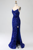 Brillant bleu royal sirène bretelles spaghetti sequin longue robe de Soirée avec fente