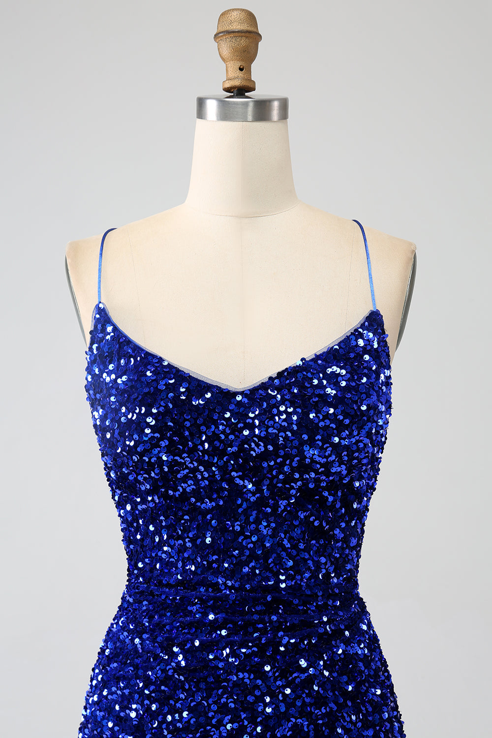 Brillant bleu royal sirène bretelles spaghetti sequin longue robe de Soirée avec fente