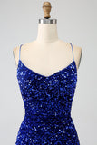 Brillant bleu royal sirène bretelles spaghetti sequin longue robe de Soirée avec fente