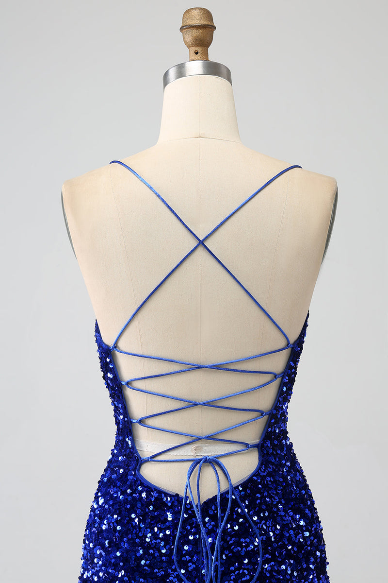 Charger l&#39;image dans la galerie, Brillant bleu royal sirène bretelles spaghetti sequin longue robe de Soirée avec fente