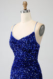 Brillant bleu royal sirène bretelles spaghetti sequin longue robe de Soirée avec fente