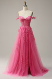 Une ligne de l’épaule Rose vif Robe de bal longue avec appliques