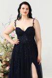 Une ligne Bretelles Spaghetti Bleu Marine Robe de Bal Grande Taille avec Appliques