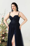 Une ligne Bretelles Spaghetti Bleu Marine Robe de Bal Grande Taille avec Appliques