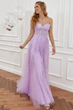 Une ligne de l’épaule Rose vif Robe de bal longue avec appliques