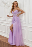 Purple Off the Shoulder Long Prom Robe de bal avec appliques