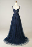 Une ligne Spaghetti Straps Navy Prom Robe avec appliques