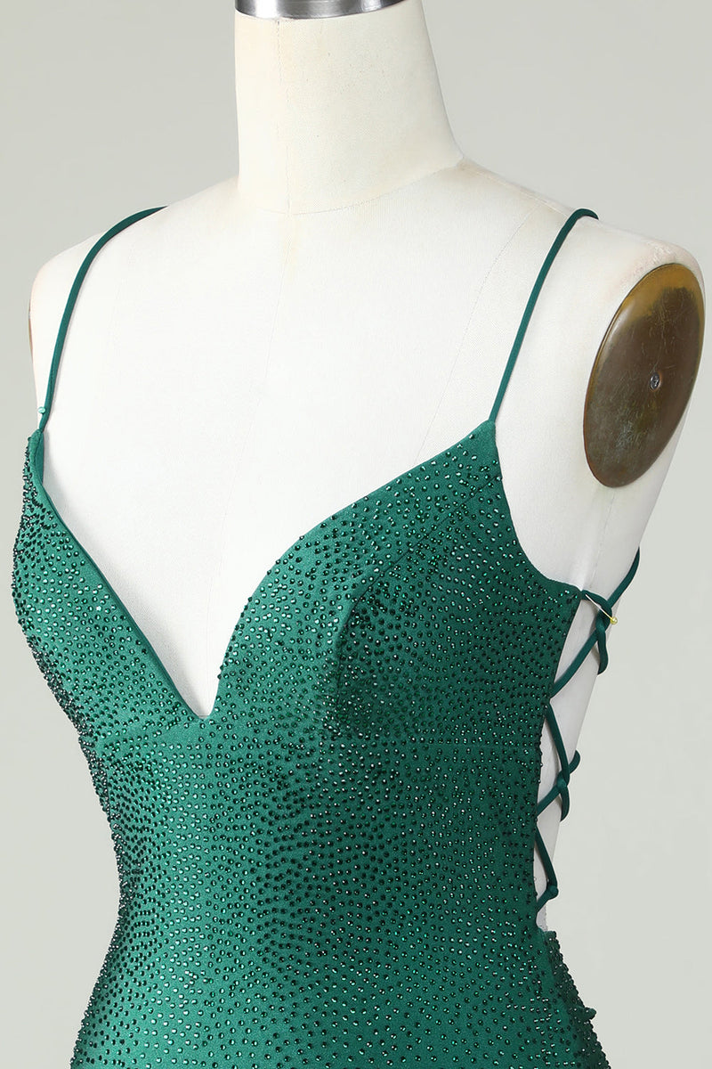 Charger l&#39;image dans la galerie, Bracelet Bretelles Spaghetti Vert foncé Robe courte de Cocktail avec perles