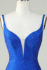 Charger l&#39;image dans la galerie, Moulante Col V Profond Bleu Royal Robe courte de cocktail avec perles